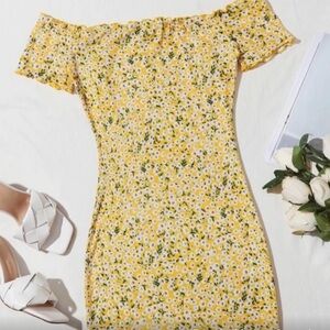 Yellow floral off shoulder ruffle dress